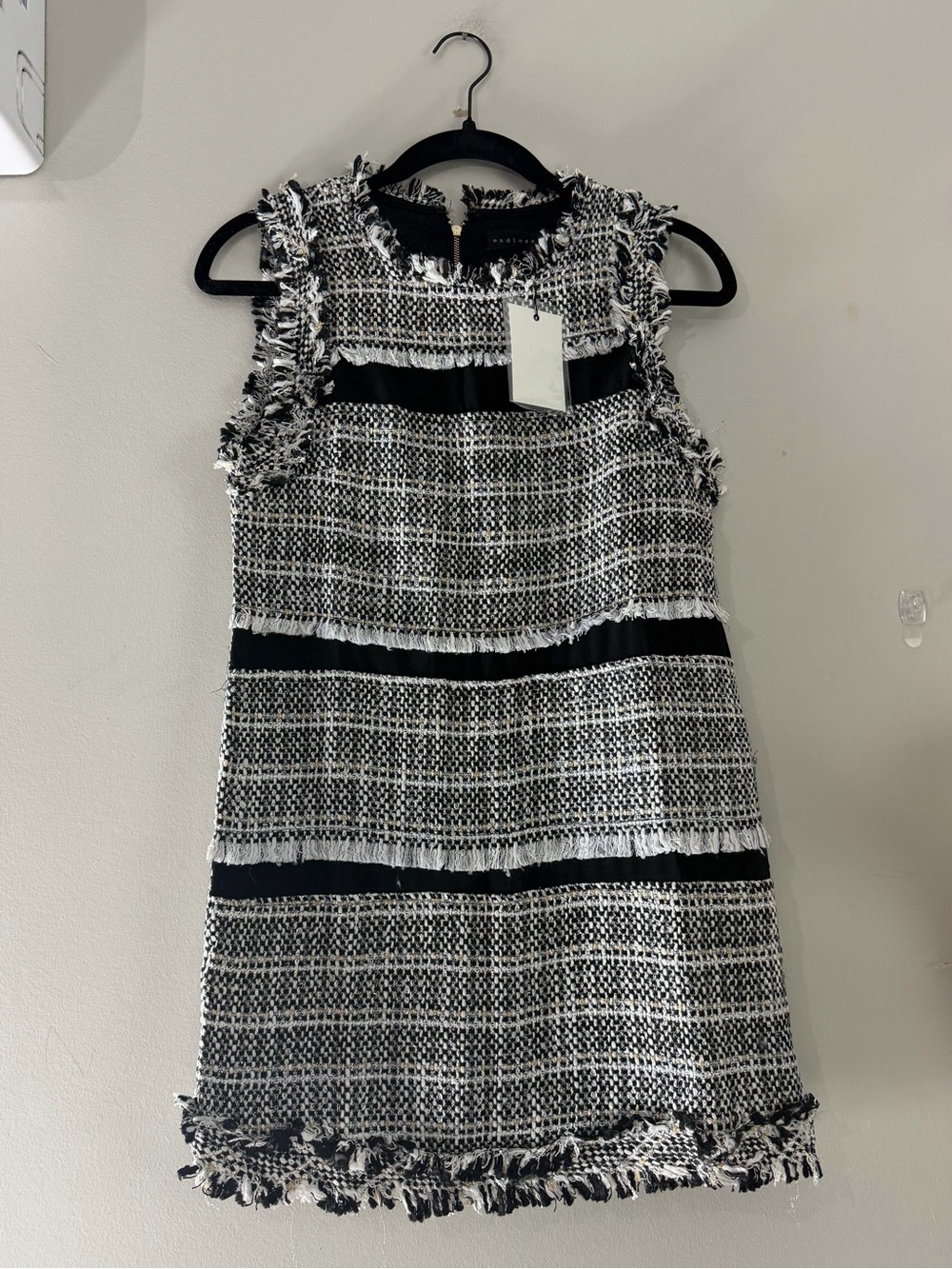 Endless Rose Black and White Tweed Fringe Shift Dress